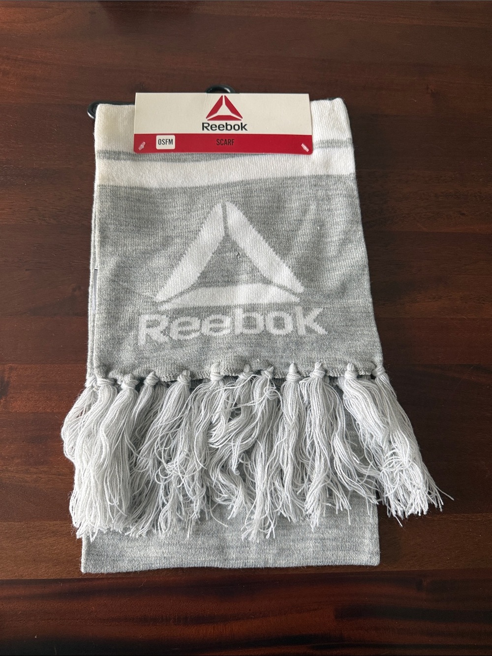 Reebok Gray and White Logo Knit Scarf with Fringe